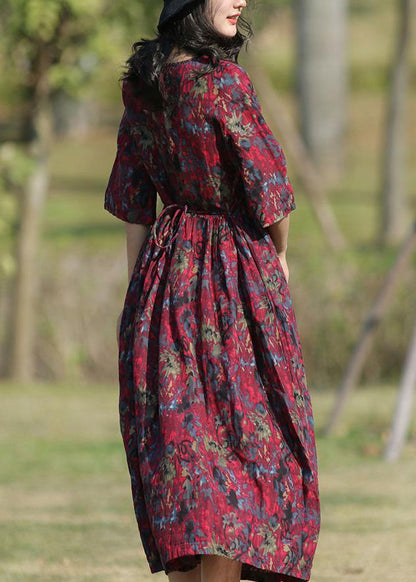Classy burgundy prints linen Wardrobes o neck long summer Dress - SooLinen