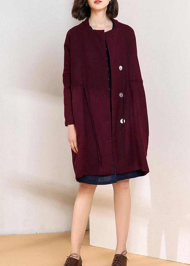 Classy burgundy fine trench coat Shape drawstring double breast women coats - SooLinen