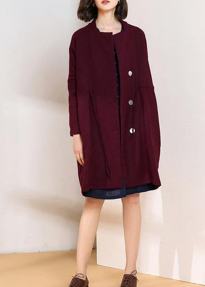 Classy burgundy fine trench coat Shape drawstring double breast women coats - SooLinen