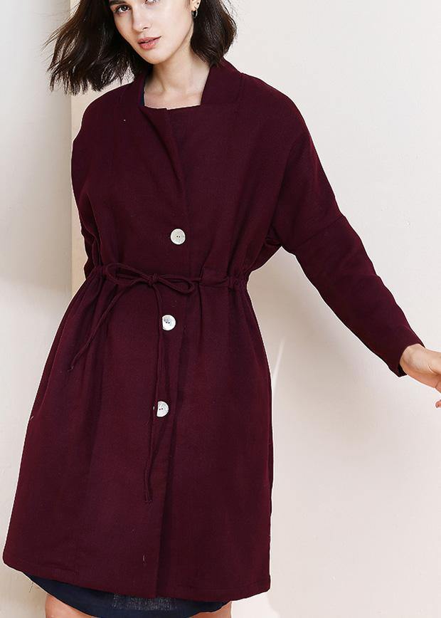 Classy burgundy fine trench coat Shape drawstring double breast women coats - SooLinen
