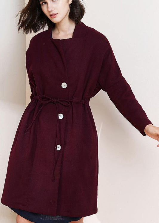 Classy burgundy fine trench coat Shape drawstring double breast women coats - SooLinen