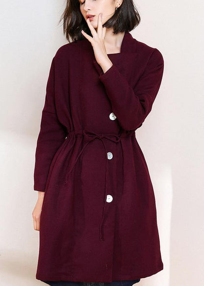 Classy burgundy fine trench coat Shape drawstring double breast women coats - SooLinen