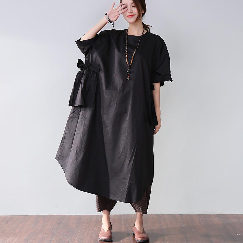 Edle Baumwollkleider stilvolles Casual Women Splicing Sommer Loose Cotton Pocket Black Dress