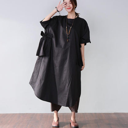 Edle Baumwollkleider stilvolles Casual Women Splicing Sommer Loose Cotton Pocket Black Dress