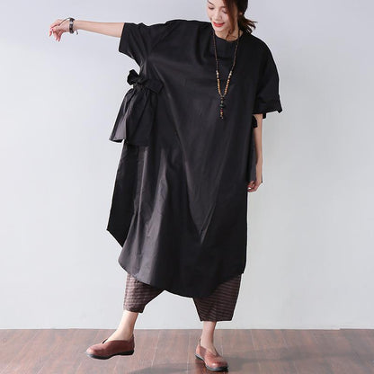 Edle Baumwollkleider stilvolles Casual Women Splicing Sommer Loose Cotton Pocket Black Dress