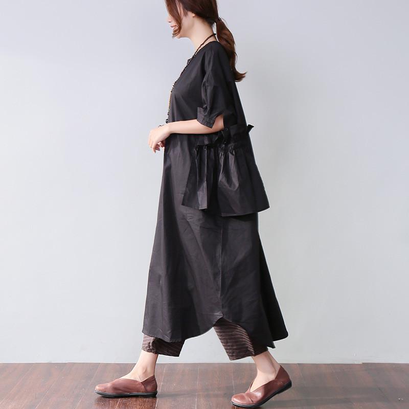 Edle Baumwollkleider stilvolles Casual Women Splicing Sommer Loose Cotton Pocket Black Dress