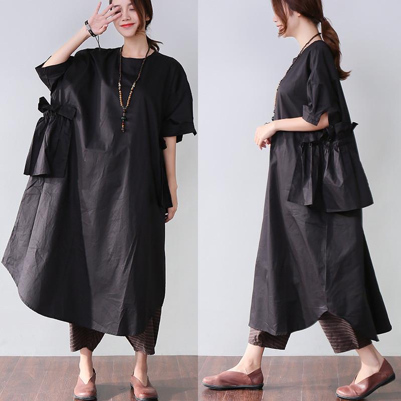Edle Baumwollkleider stilvolles Casual Women Splicing Sommer Loose Cotton Pocket Black Dress