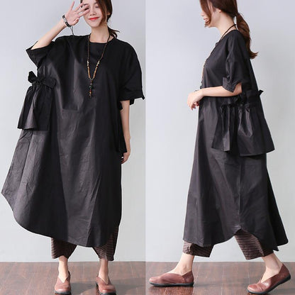 Edle Baumwollkleider stilvolles Casual Women Splicing Sommer Loose Cotton Pocket Black Dress