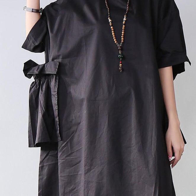 Edle Baumwollkleider stilvolles Casual Women Splicing Sommer Loose Cotton Pocket Black Dress