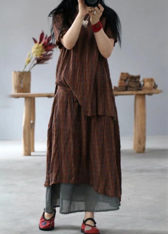 Classy cotton tunic pattern fine Retro High Low Hem Plaid V-Neck Loose Blouse - SooLinen