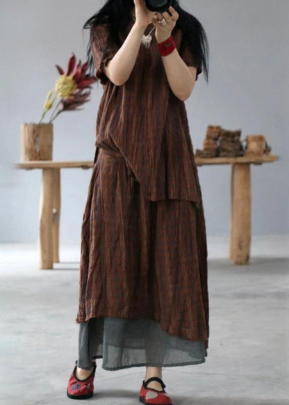 Classy cotton tunic pattern fine Retro High Low Hem Plaid V-Neck Loose Blouse - SooLinen