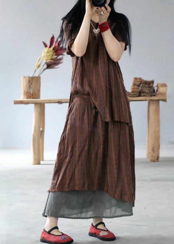 Classy cotton tunic pattern fine Retro High Low Hem Plaid V-Neck Loose Blouse - SooLinen