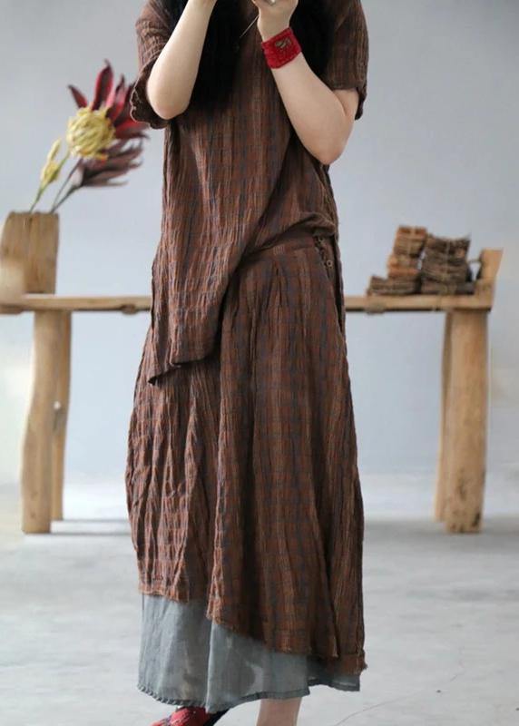 Classy cotton tunic pattern fine Retro High Low Hem Plaid V-Neck Loose Blouse - SooLinen