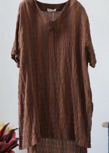 Classy cotton tunic pattern fine Retro High Low Hem Plaid V-Neck Loose Blouse - SooLinen