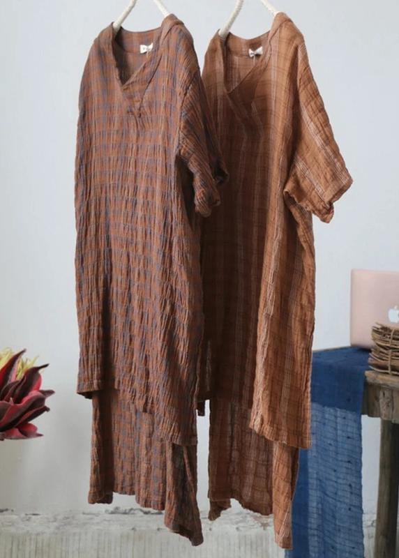 Classy cotton tunic pattern fine Retro High Low Hem Plaid V-Neck Loose Blouse - SooLinen