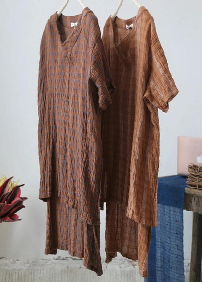 Classy cotton tunic pattern fine Retro High Low Hem Plaid V-Neck Loose Blouse - SooLinen