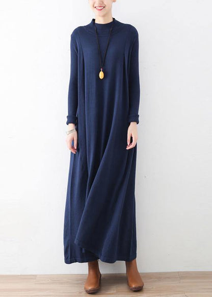 Classy dark blue tunic dresshigh neck Batwing Sleeve robes fall Dresses - SooLinen