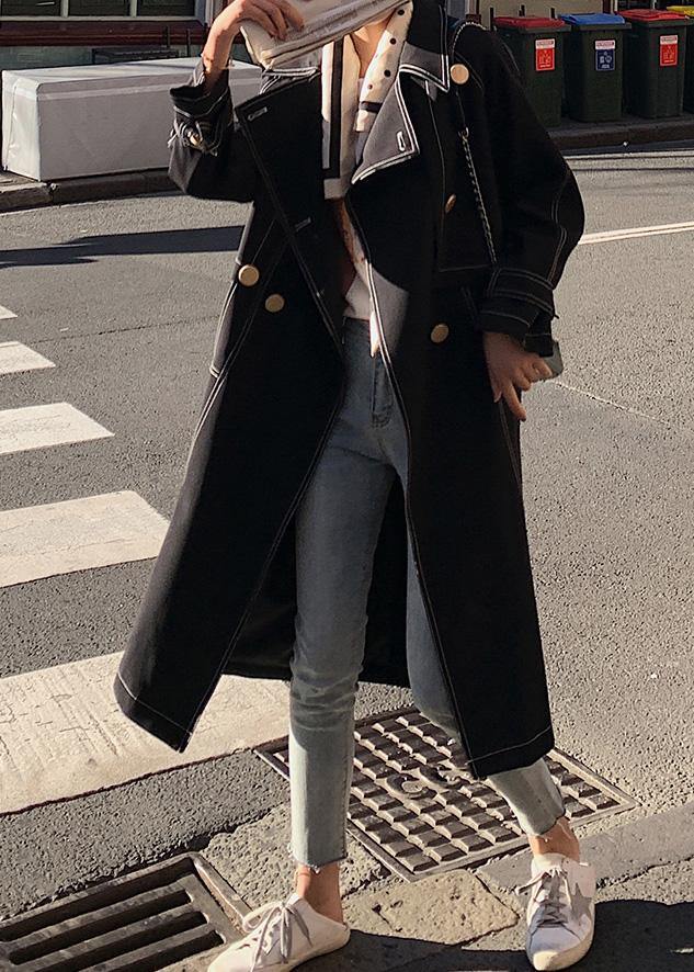 Classy double breast Plus Size winter box coat black Knee coat - SooLinen