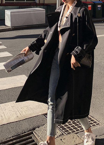 Classy double breast Plus Size winter box coat black Knee coat - SooLinen