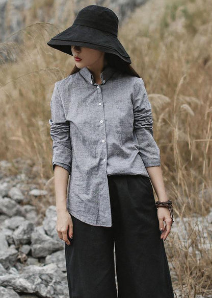 Classy gray cotton linen clothes For Women Photography long sleeve fall shirts - SooLinen