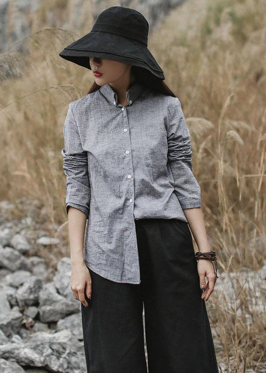 Classy gray cotton linen clothes For Women Photography long sleeve fall shirts - SooLinen
