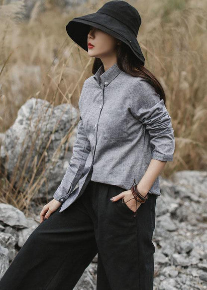 Classy gray cotton linen clothes For Women Photography long sleeve fall shirts - SooLinen