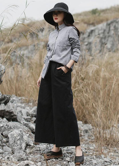 Classy gray cotton linen clothes For Women Photography long sleeve fall shirts - SooLinen