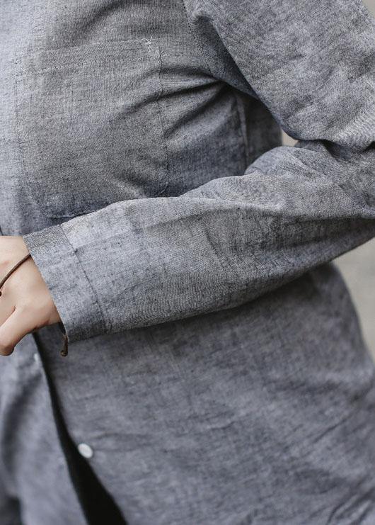 Classy gray cotton linen clothes For Women Photography long sleeve fall shirts - SooLinen