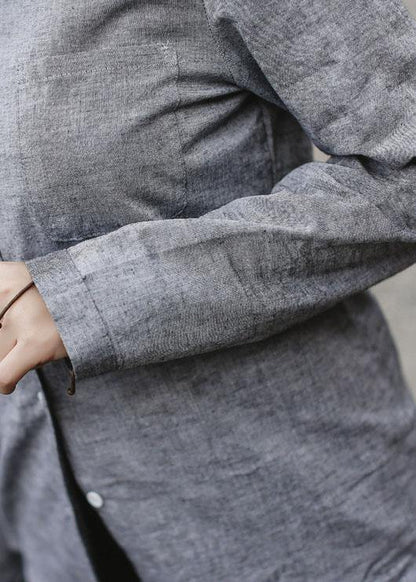 Classy gray cotton linen clothes For Women Photography long sleeve fall shirts - SooLinen