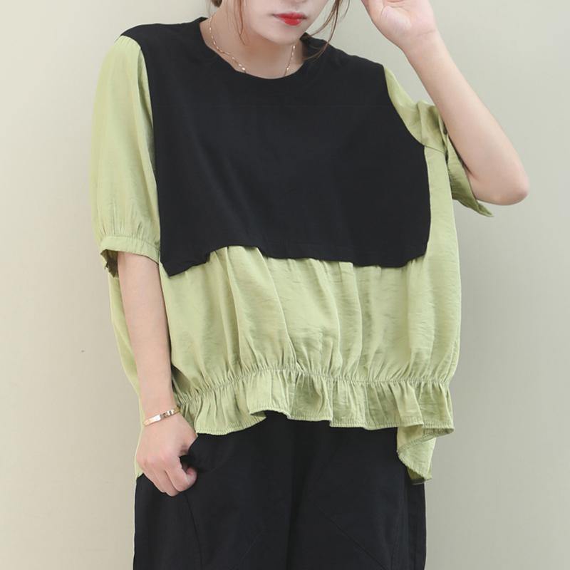 Classy green cotton Blouse o neck patchwork Art shirts - SooLinen