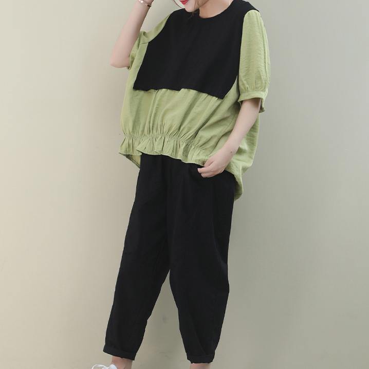 Classy green cotton Blouse o neck patchwork Art shirts - SooLinen