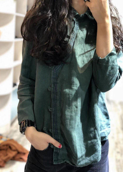 Classy green linen blouses for women POLO collar tunic shirts - SooLinen