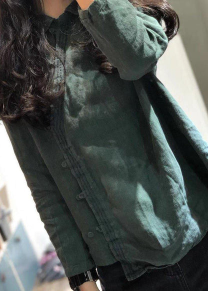 Classy green linen blouses for women POLO collar tunic shirts - SooLinen