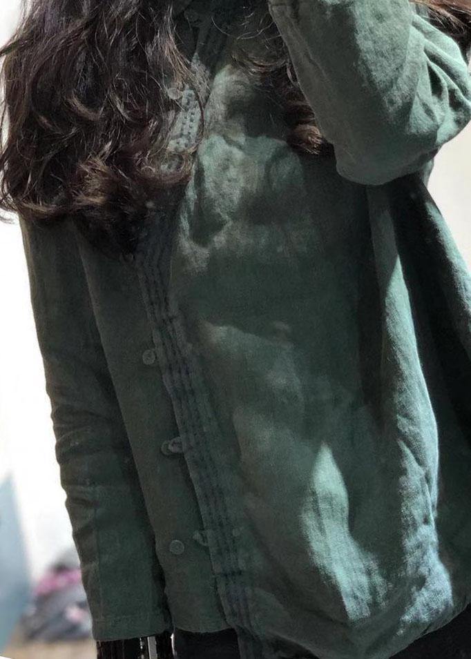 Classy green linen blouses for women POLO collar tunic shirts - SooLinen