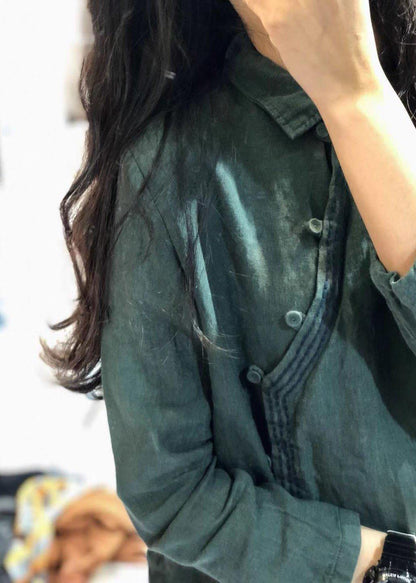 Classy green linen blouses for women POLO collar tunic shirts - SooLinen