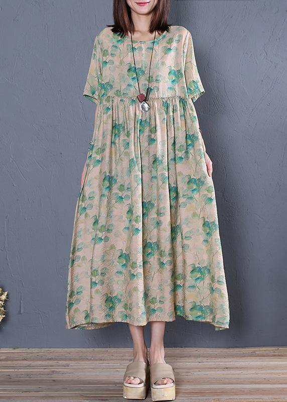 Classy green print cotton tunic dresso neck Cinched Dresses - SooLinen
