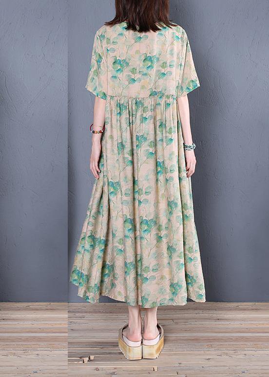 Classy green print cotton tunic dresso neck Cinched Dresses - SooLinen