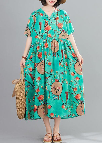 Classy green print quilting clothes v neck short sleeve Plus Size summer Dresses - SooLinen