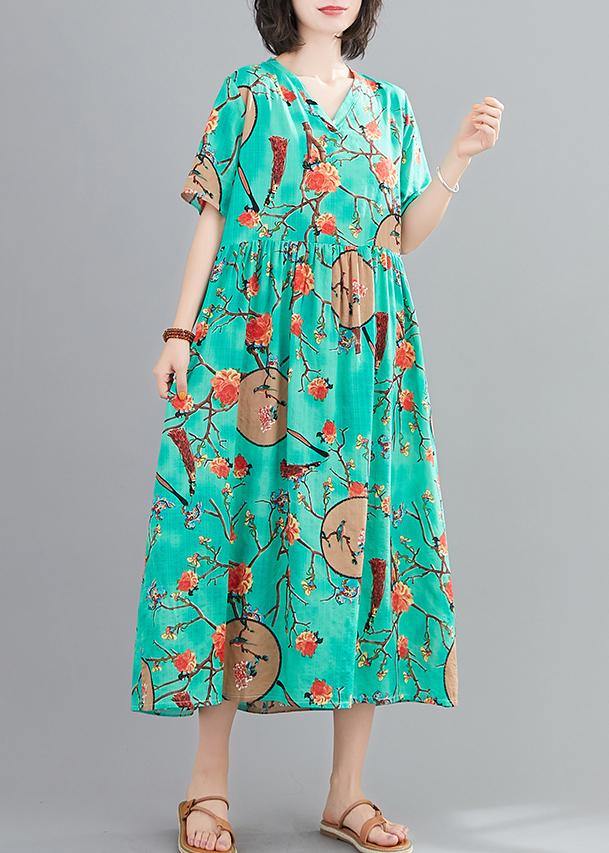 Classy green print quilting clothes v neck short sleeve Plus Size summer Dresses - SooLinen