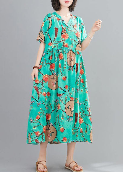 Classy green print quilting clothes v neck short sleeve Plus Size summer Dresses - SooLinen