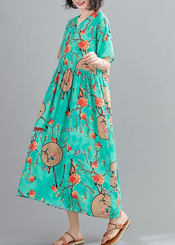 Classy green print quilting clothes v neck short sleeve Plus Size summer Dresses - SooLinen