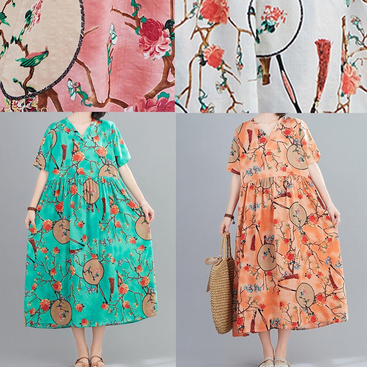 Classy green print quilting clothes v neck short sleeve Plus Size summer Dresses - SooLinen