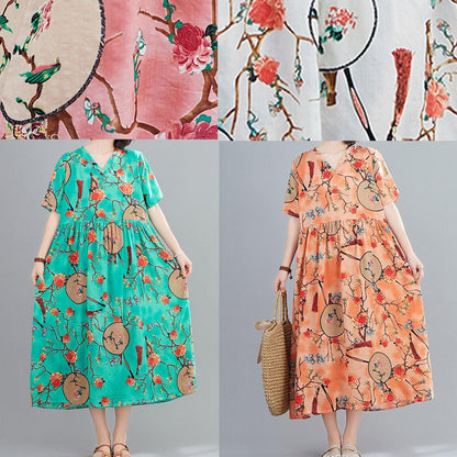 Classy green print quilting clothes v neck short sleeve Plus Size summer Dresses - SooLinen