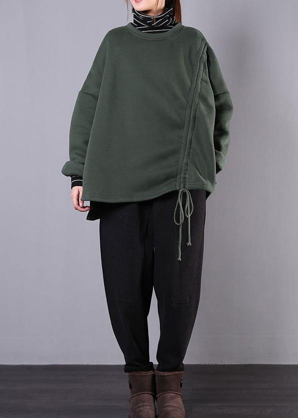 Classy high neck drawstring cotton tunic pattern Sleeve green blouse - SooLinen