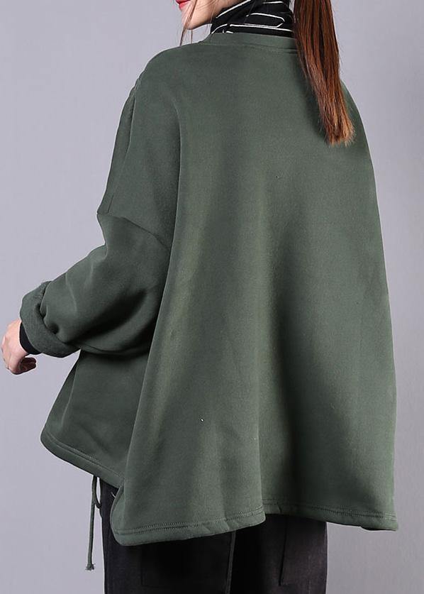Classy high neck drawstring cotton tunic pattern Sleeve green blouse - SooLinen