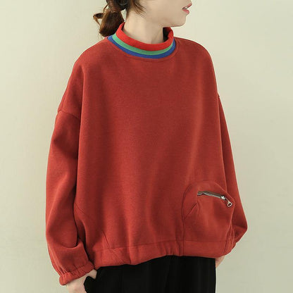 Classy high neck patchwork zippered tops women orange blouse - SooLinen