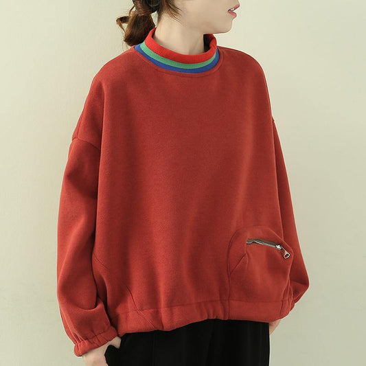 Classy high neck patchwork zippered tops women orange blouse - SooLinen