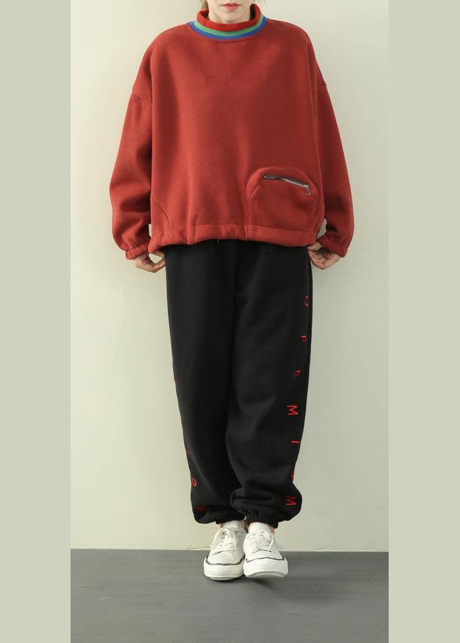 Classy high neck patchwork zippered tops women orange blouse - SooLinen