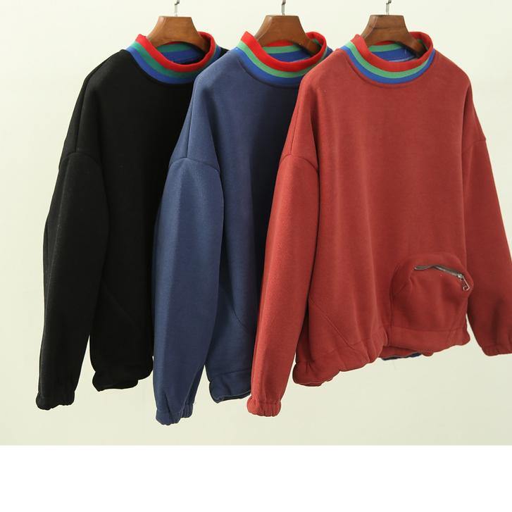 Classy high neck patchwork zippered tops women orange blouse - SooLinen