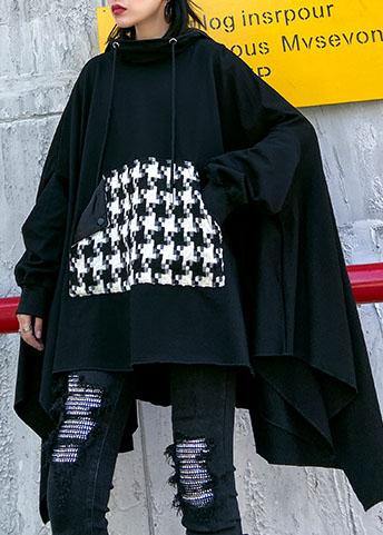 Classy hooded asymmetric cotton patchwork shirts women Cotton black top - SooLinen